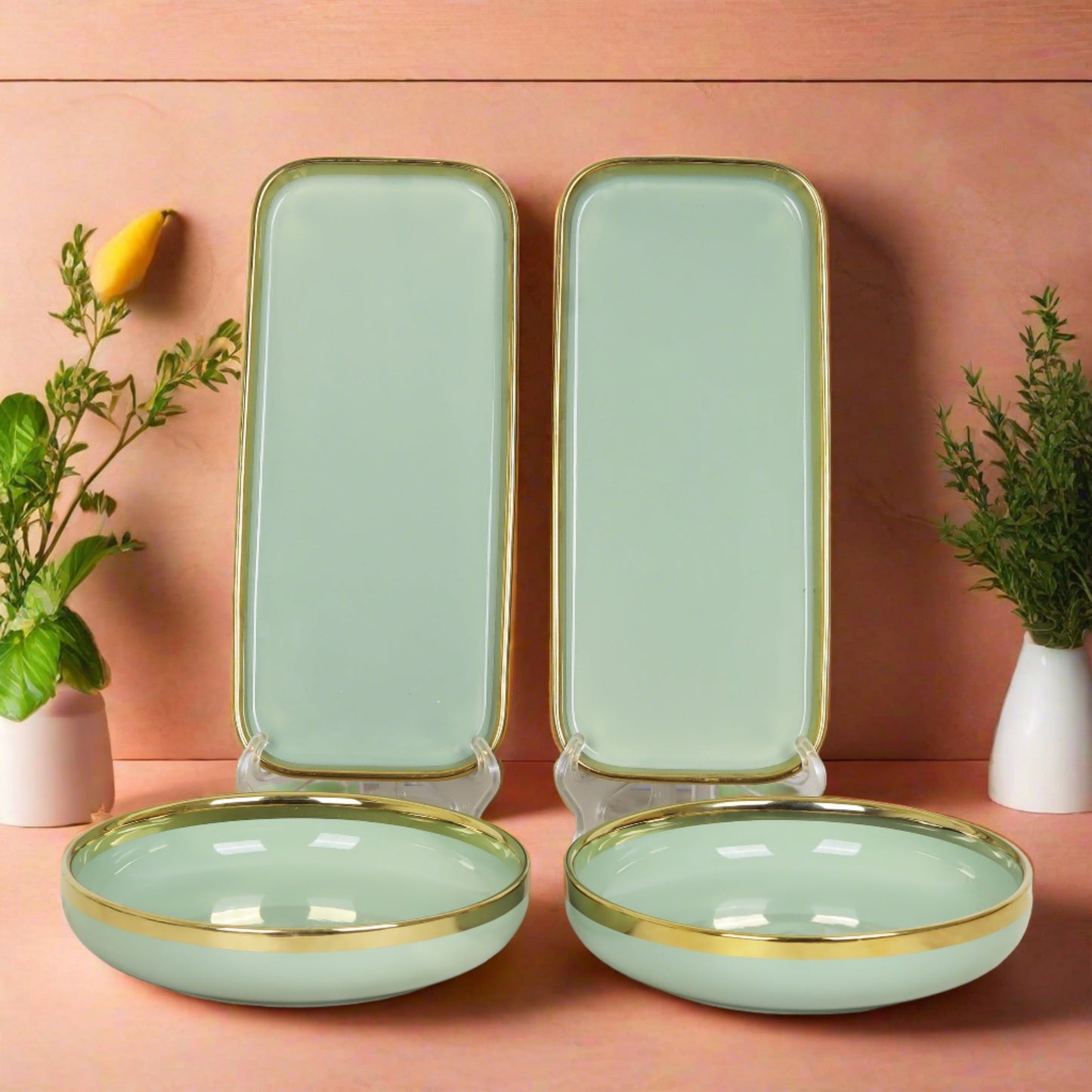 Ceramic set of 4 rice/salad plates and pasta bowls - elevate your dining experience with this stylish and versatile dinnerware collection