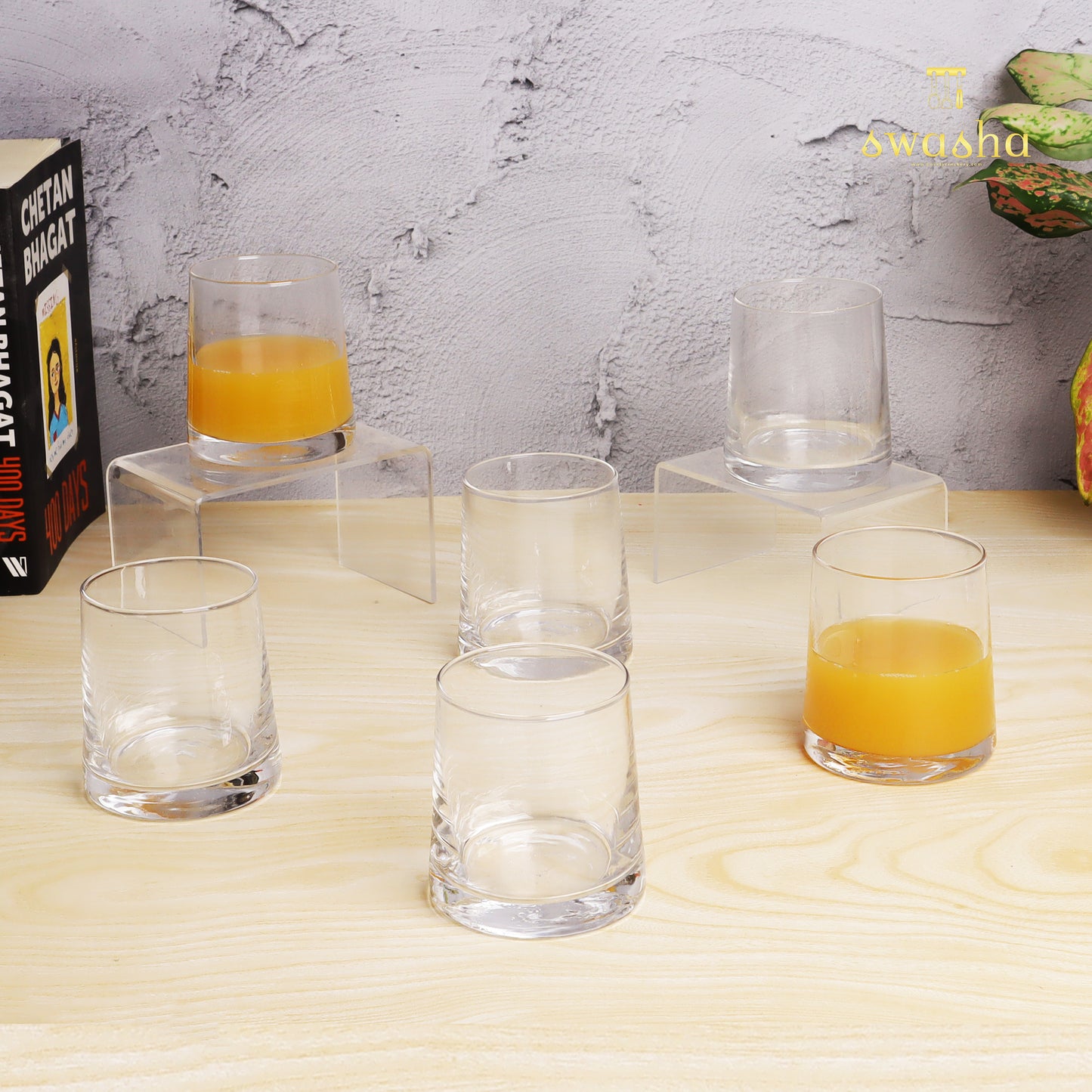Set of 6 versatile glass tumblers - perfect for refreshing juices and water.