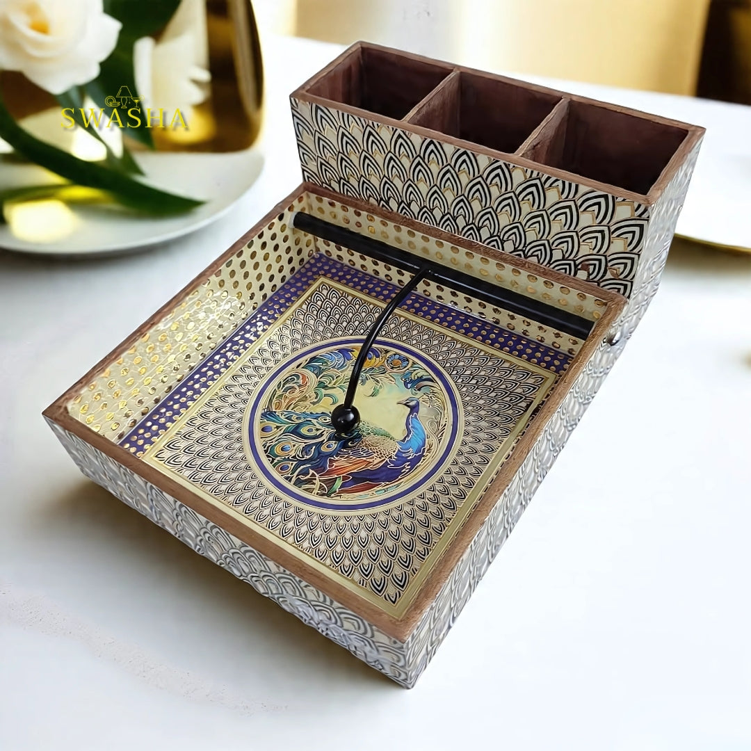 Swasha Wooden MDF Printed Tissue Cum Cutlery Holder – Glossy Resin Finish