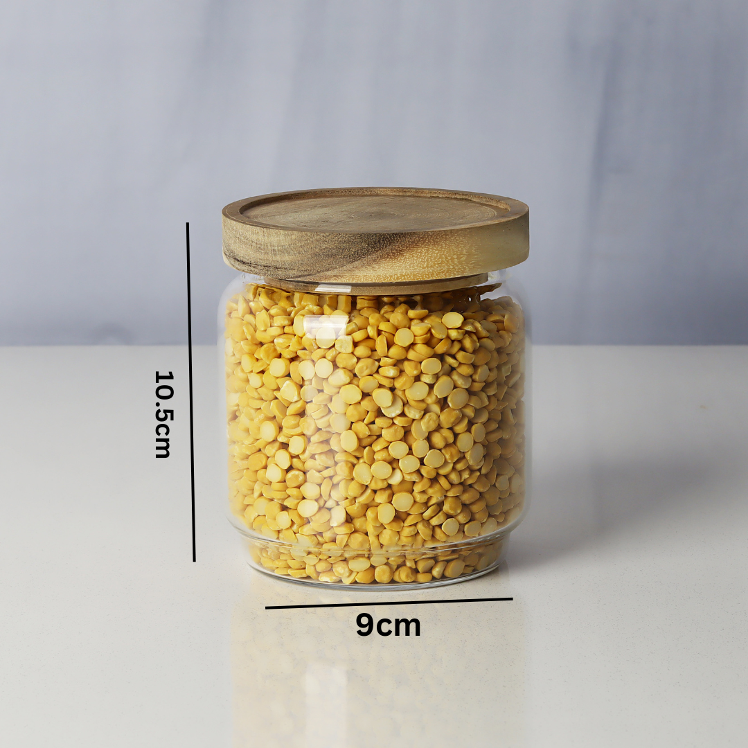 Glass jars/containers with stylish wooden lids - ideal for organized storage solutions