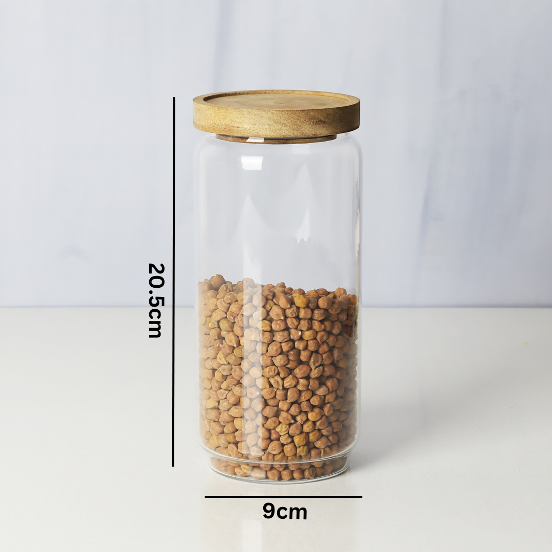 Glass jars/containers with stylish wooden lids - ideal for organized storage solutions