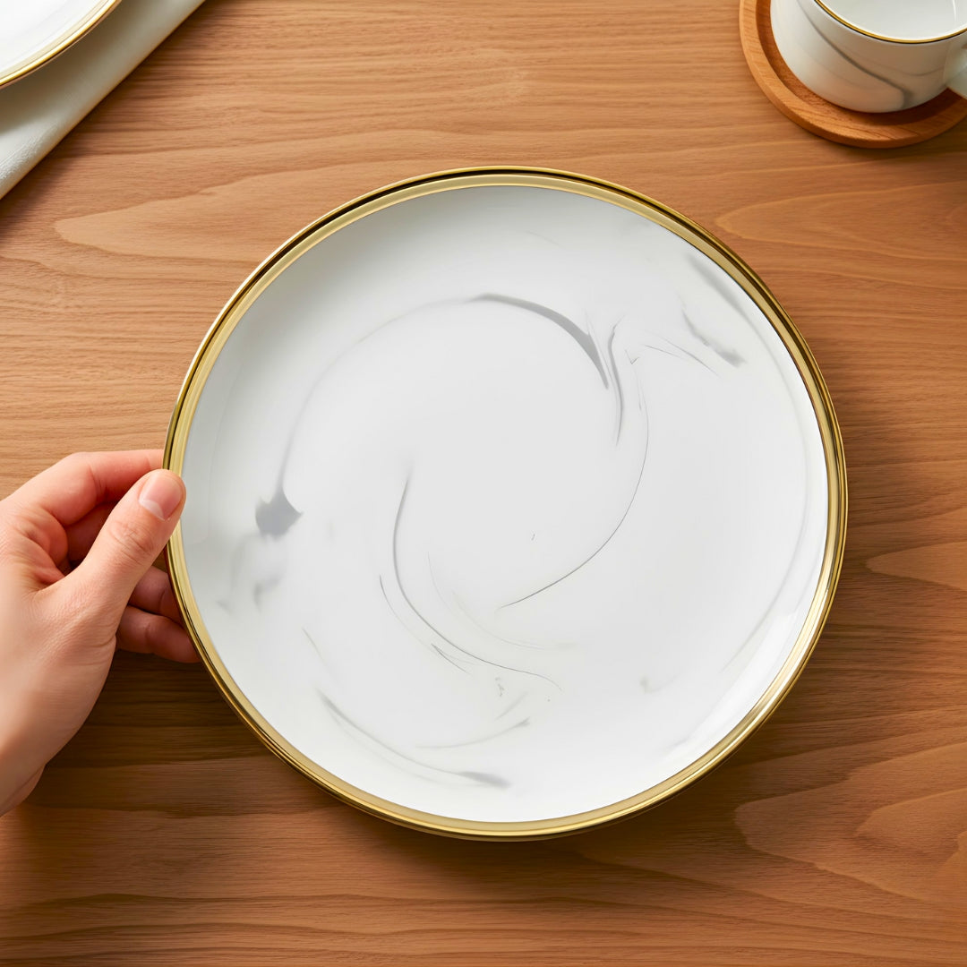 Swasha Porcelain Dinner Plate - Set Of 6 | Trendy Tableware | Marble White
