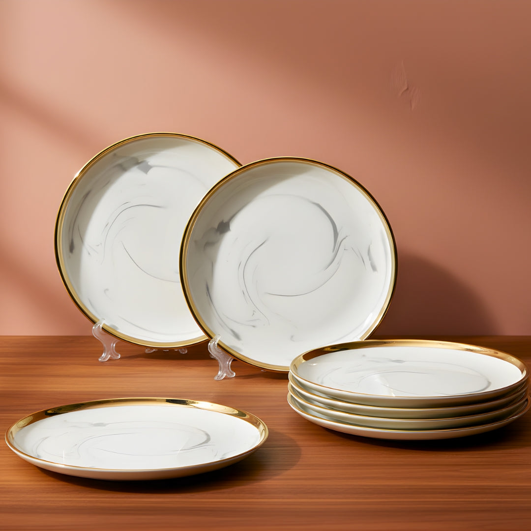 Swasha Porcelain Dinner Plate - Set Of 6 | Trendy Tableware | Marble White