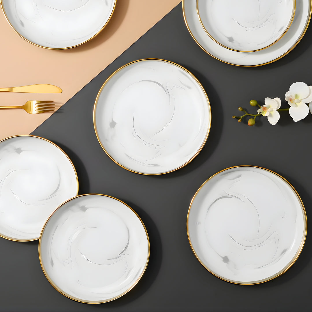 Swasha Porcelain Dinner Plate - Set Of 6 | Trendy Tableware | Marble White