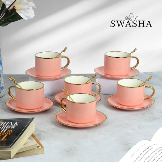 Ceramic Cup and Saucer Set with Spoon - Set of 6