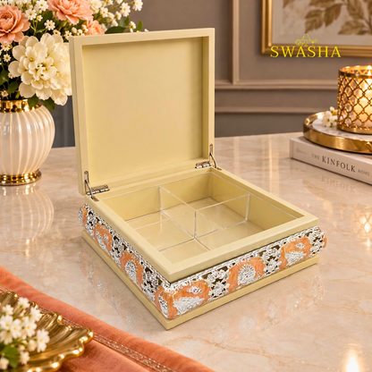 SWASHA Orange Peacock Dry Fruit Box - 4 Compartment | Multipurpose Box