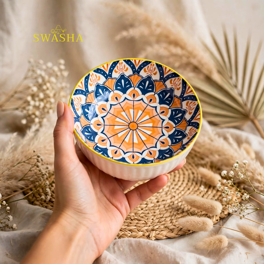 Swasha bohemia orange 12 pcs snack set 6 bowls 6 plates orange blue sunburst mandala with gift bag
