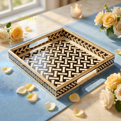 Swasha square resin finish MDF tray on coffee table with candles