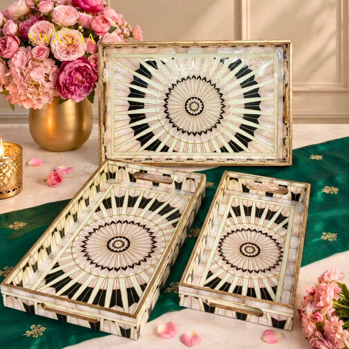 Swasha set of 3 sunburst mandala MDF serving trays black white gold art deco mother of pearl finish with gold handles