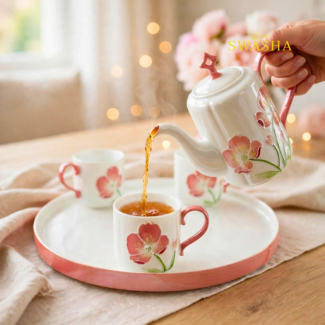 Swasha pink poppy blush 8 pcs revolving tea set 3d pink floral embossed coral handle kettle 6 cups revolving tray