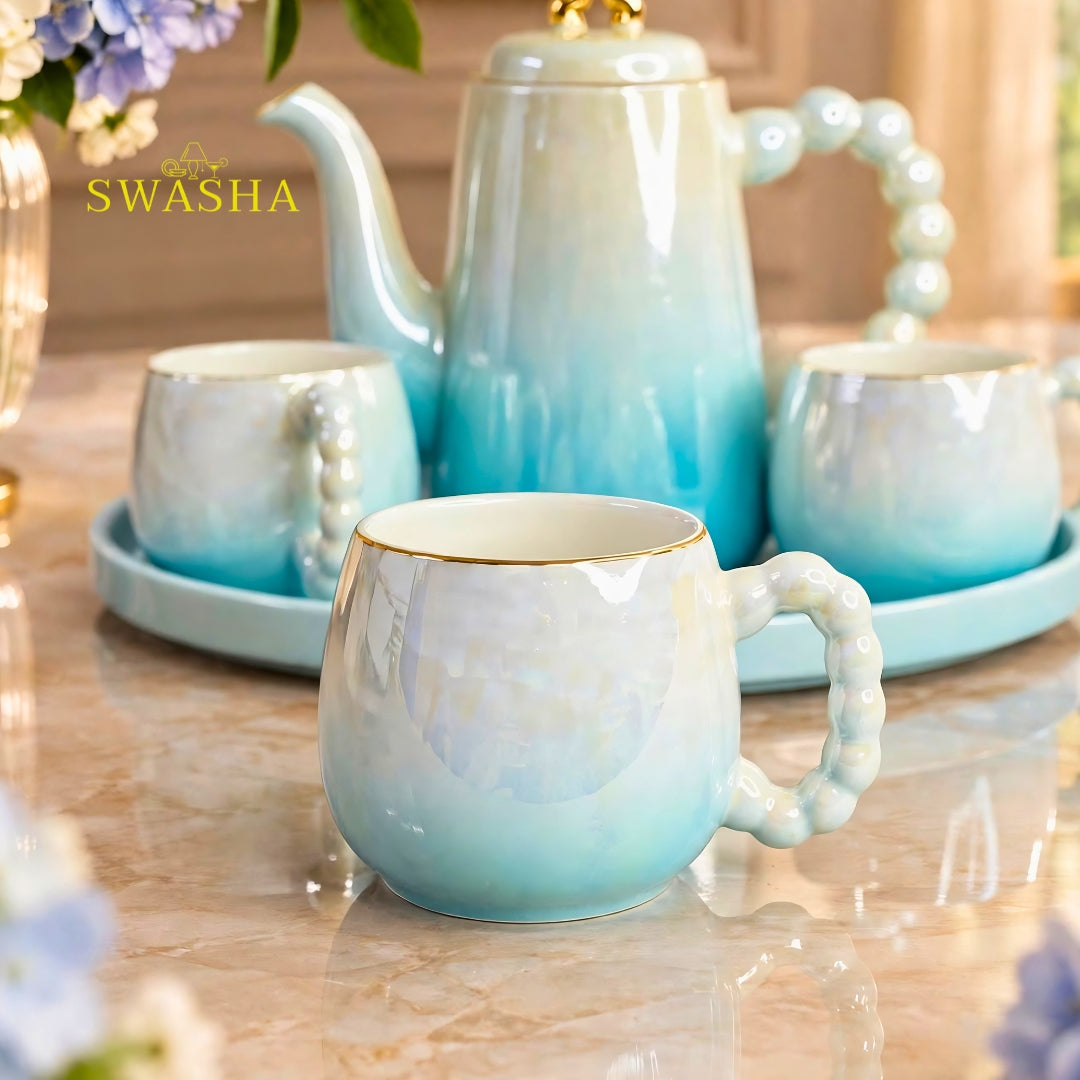 Swasha aqua blue ombre 8 pcs revolving tea set premium porcelain kettle with 6 pearl handle cups and revolving tray with gift bag