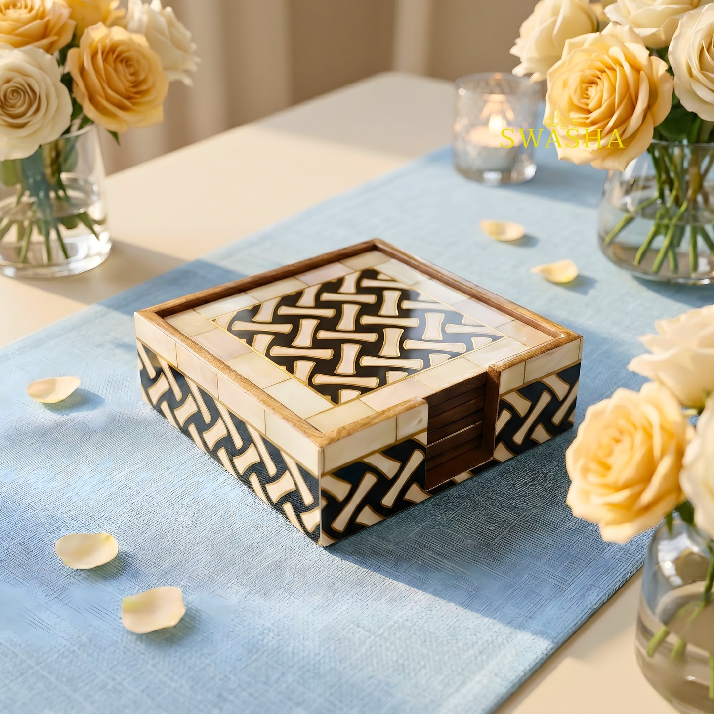 Swasha MDF Resin Finish Coaster Set of 6 - Luxury Table Coasters