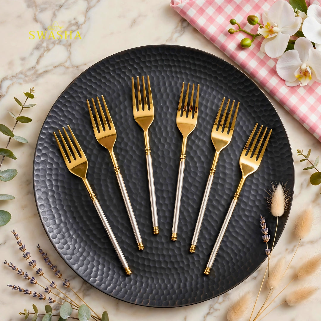 Swasha Two-Tone Gold Cutlery Set 24 Pcs | 6 Spoon Fork Knife Set | Gold Luxury Dinner Cutlery Set for Home & Gift