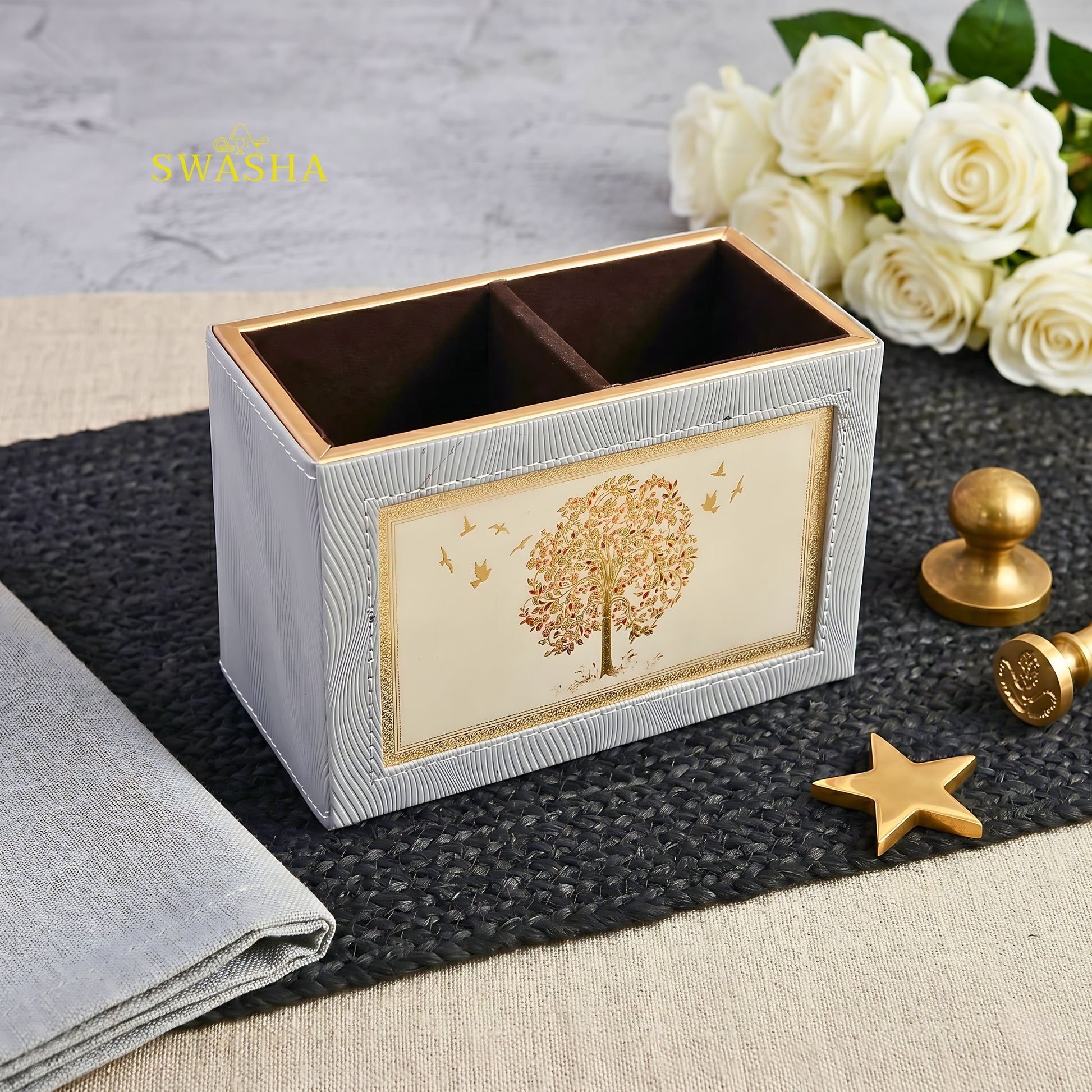 Swasha Leatherette Serving Tray Set of 4 with Cutlery Stand and Tissue Holder on Dining Table