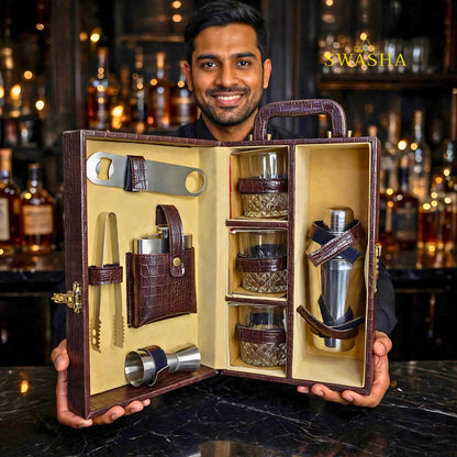 washa brown croco bar box open with 3 whiskey glasses cocktail shaker hip flask bottle opener jigger and tong