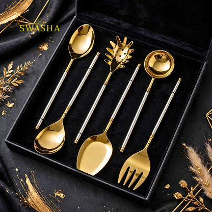 SWASHA Gold Silver Serving Spoon Set of 6 - PVD Polished Brass Luxury Serving Cutlery | Gold Plated Serving Spoons for Dinner Party & Gifting