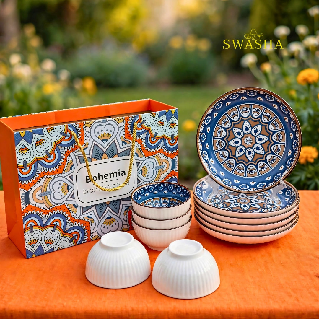 Swasha bohemia brown blue 12 pcs snack set 6 bowls 6 plates with gift bag mandala design