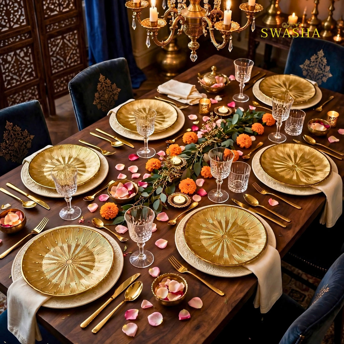 Swasha 7 pcs gold starburst Turkish glass snack set with 1 full plate and 6 side plates in Diwali gift box