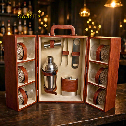 SWASHA Brown Portable Bar Box With Lock | 11 Pcs 6 Whiskey Glasses Bar Kit