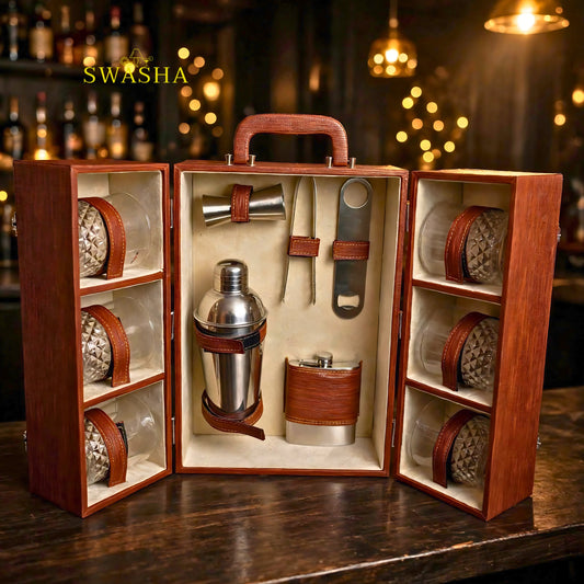 SWASHA Brown Portable Bar Box With Lock | 11 Pcs 6 Whiskey Glasses Bar Kit