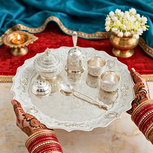 SWASHA German Silver Plated Pooja Thali Set - 7 Piece Premium Puja Set | For Diwali, Navratri, Karwa Chauth, Housewarming & Wedding Return Gift