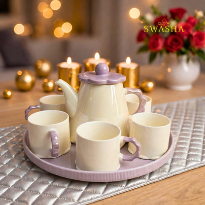 Swasha Lilac Lavender 8 Pcs Revolving Tea Set | Beige With Lilac Purple| Flower Scallop Lid