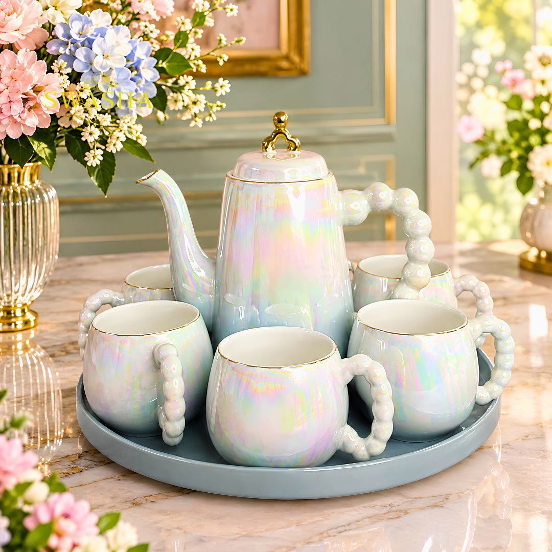 Swasha rainbow pearl iridescent 8 pcs revolving tea set premium porcelain holographic kettle 6 cups pearl handle revolving tray with gold bow gift box