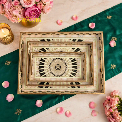 Swasha set of 3 sunburst mandala MDF serving trays black white gold art deco mother of pearl finish with gold handles