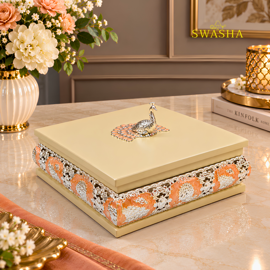 SWASHA Orange Peacock Dry Fruit Box - 4 Compartment | Multipurpose Box