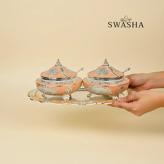 Swasha Silver Dry Fruits Serving Bowls with Tray