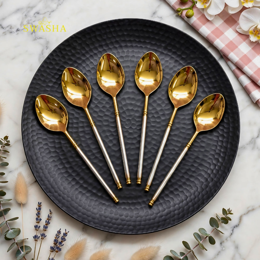 Swasha Two-Tone Gold Cutlery Set 24 Pcs | 6 Spoon Fork Knife Set | Gold Luxury Dinner Cutlery Set for Home & Gift