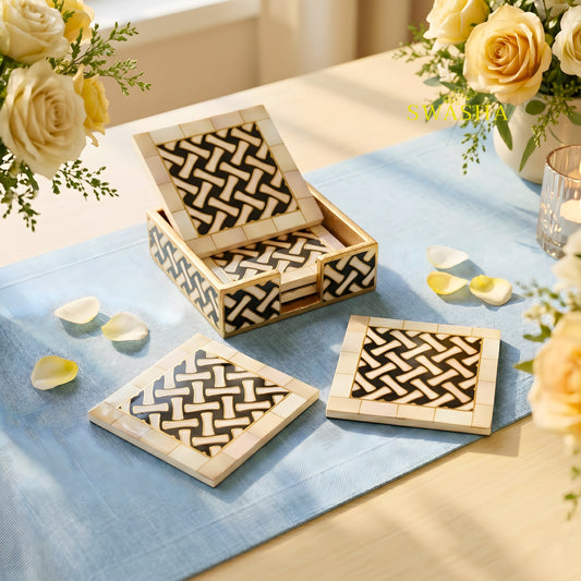 Swasha MDF Resin Finish Coaster Set of 6 - Luxury Table Coasters