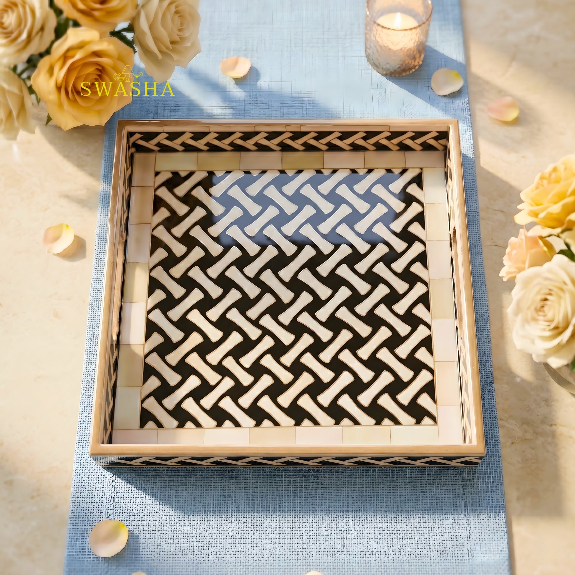 Swasha square resin finish MDF tray on coffee table with candles