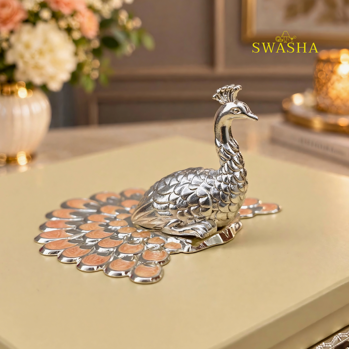 SWASHA Orange Peacock Dry Fruit Box - 4 Compartment | Multipurpose Box