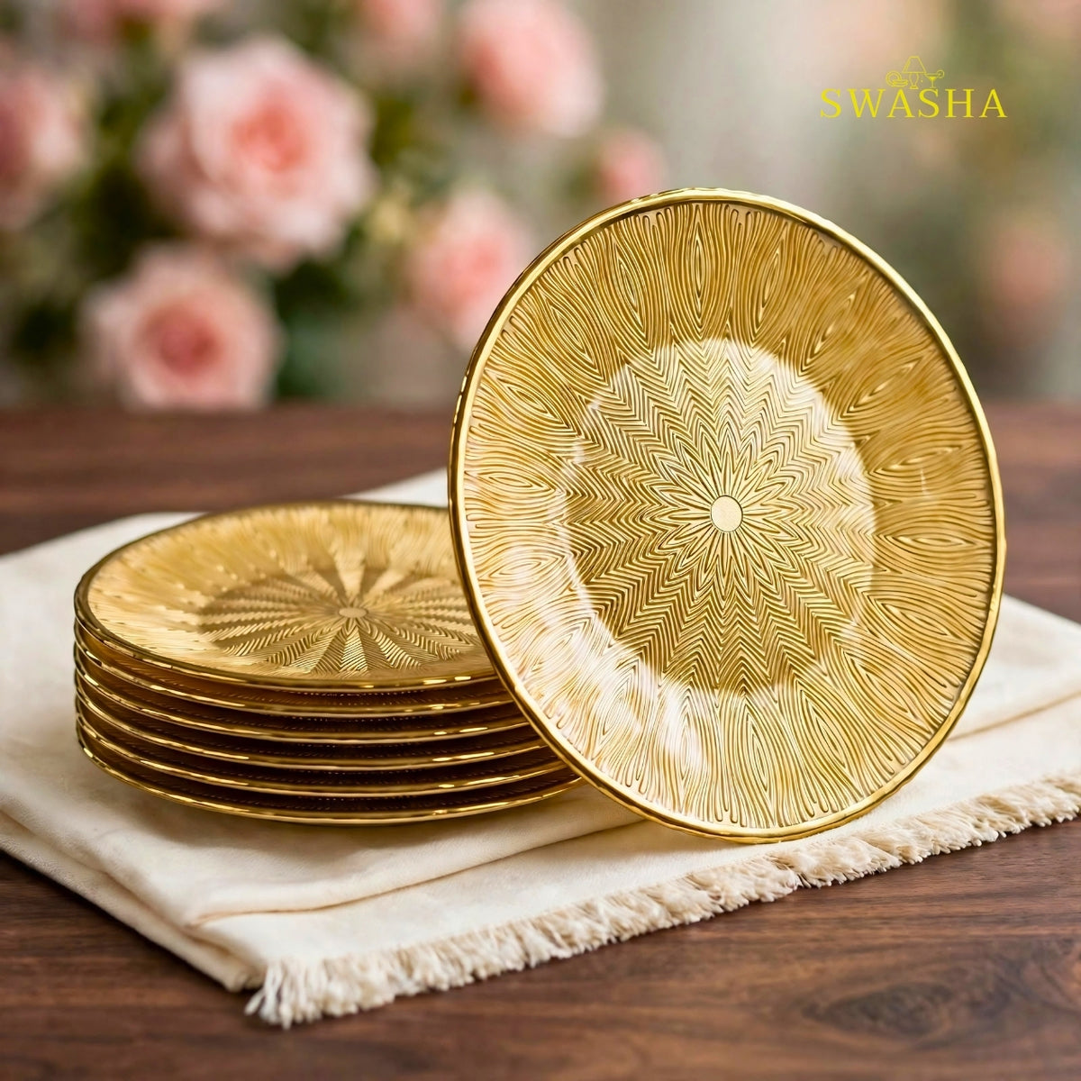 Swasha 7 pcs gold starburst Turkish glass snack set with 1 full plate and 6 side plates in Diwali gift box