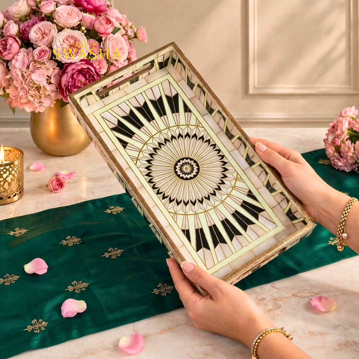 Swasha set of 3 sunburst mandala MDF serving trays black white gold art deco mother of pearl finish with gold handles
