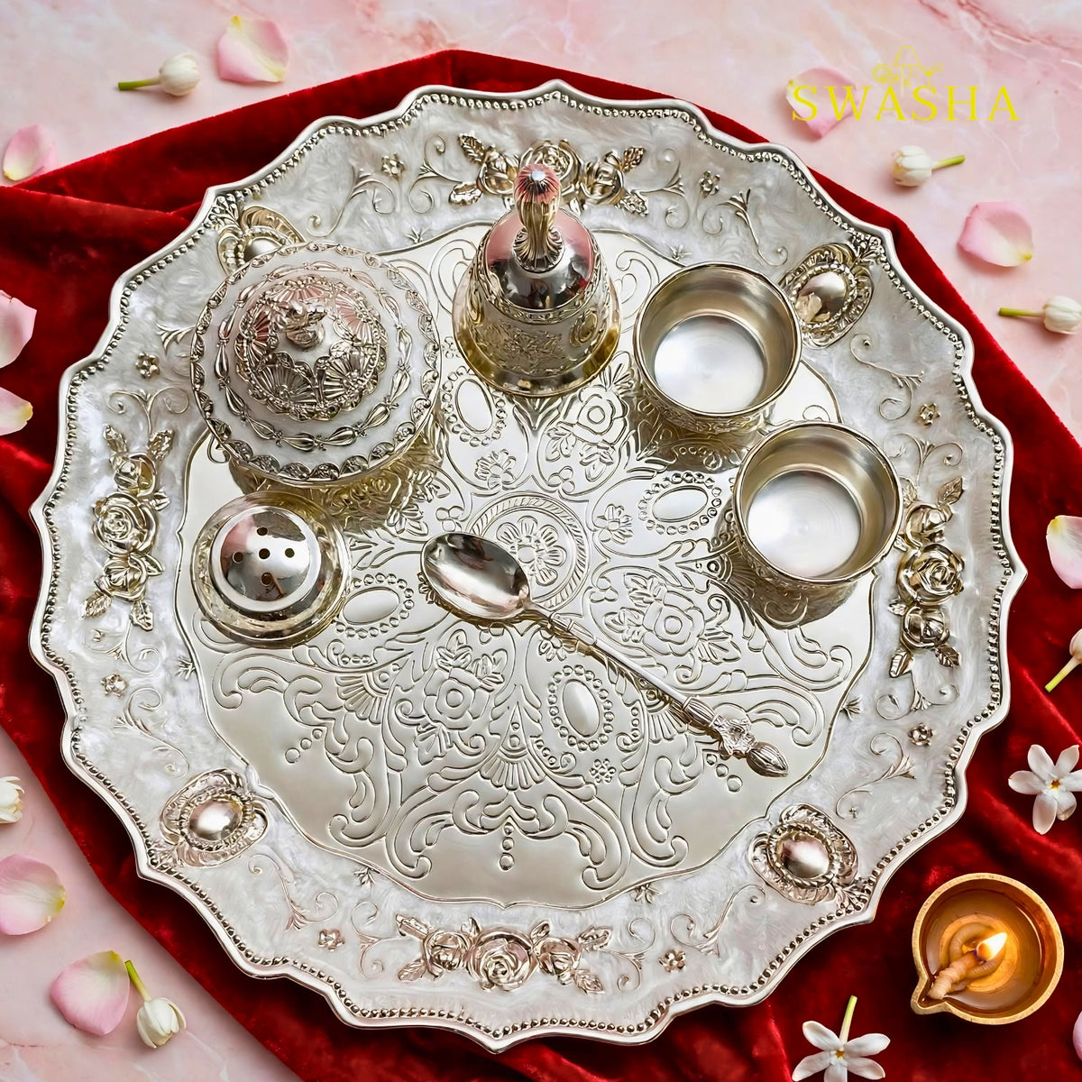 SWASHA German Silver Plated Pooja Thali Set - 7 Piece Premium Puja Set | For Diwali, Navratri, Karwa Chauth, Housewarming & Wedding Return Gift