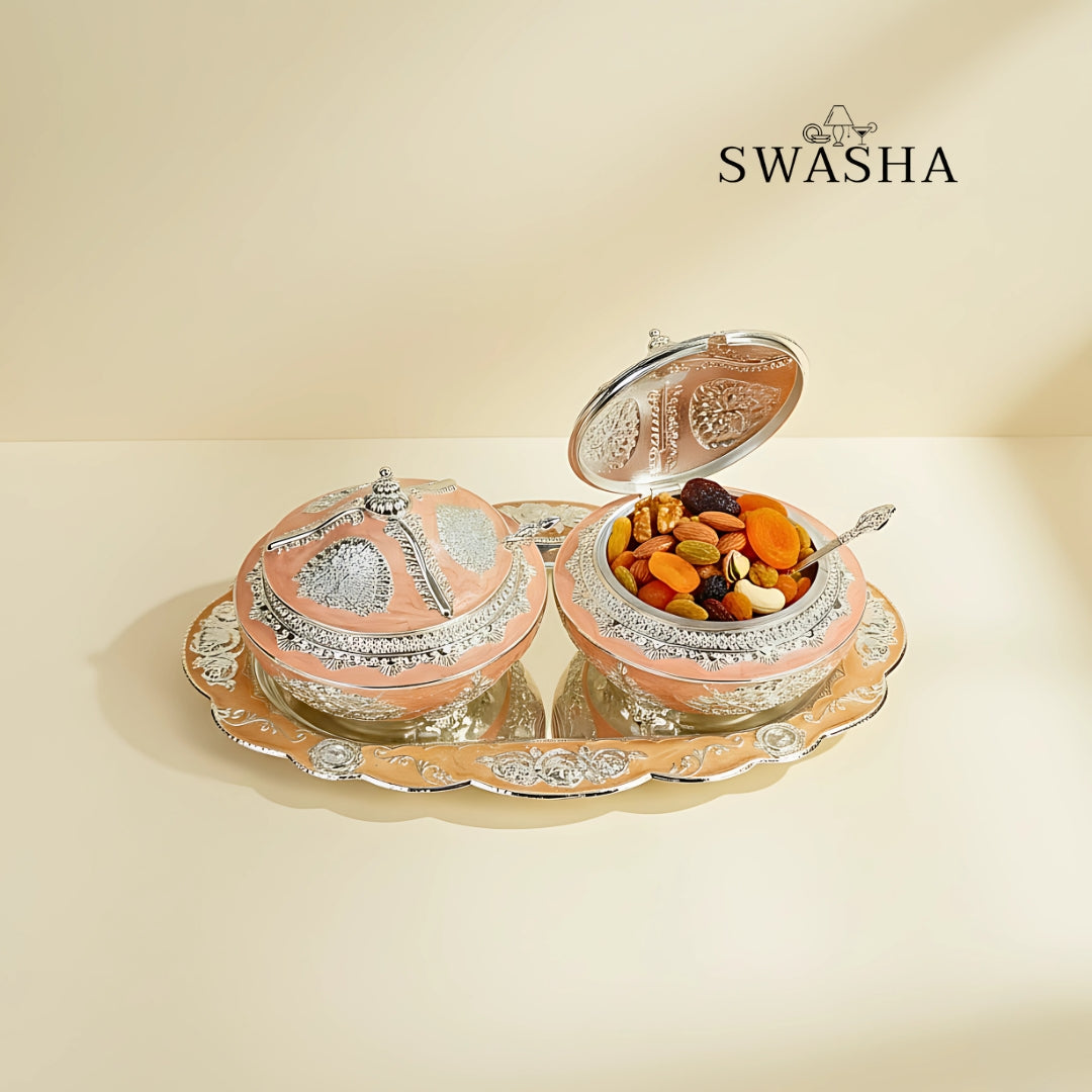 Swasha Silver Dry Fruits Serving Bowls with Tray