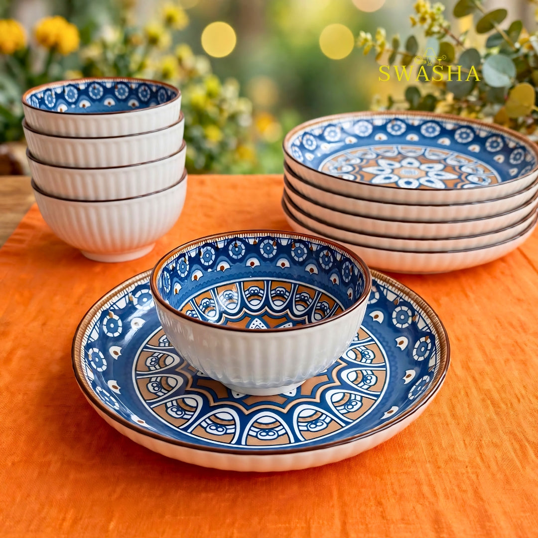 Swasha bohemia brown blue 12 pcs snack set 6 bowls 6 plates with gift bag mandala design