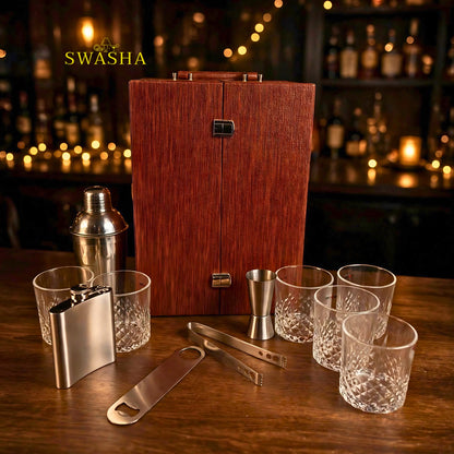 SWASHA Brown Portable Bar Box With Lock | 11 Pcs 6 Whiskey Glasses Bar Kit