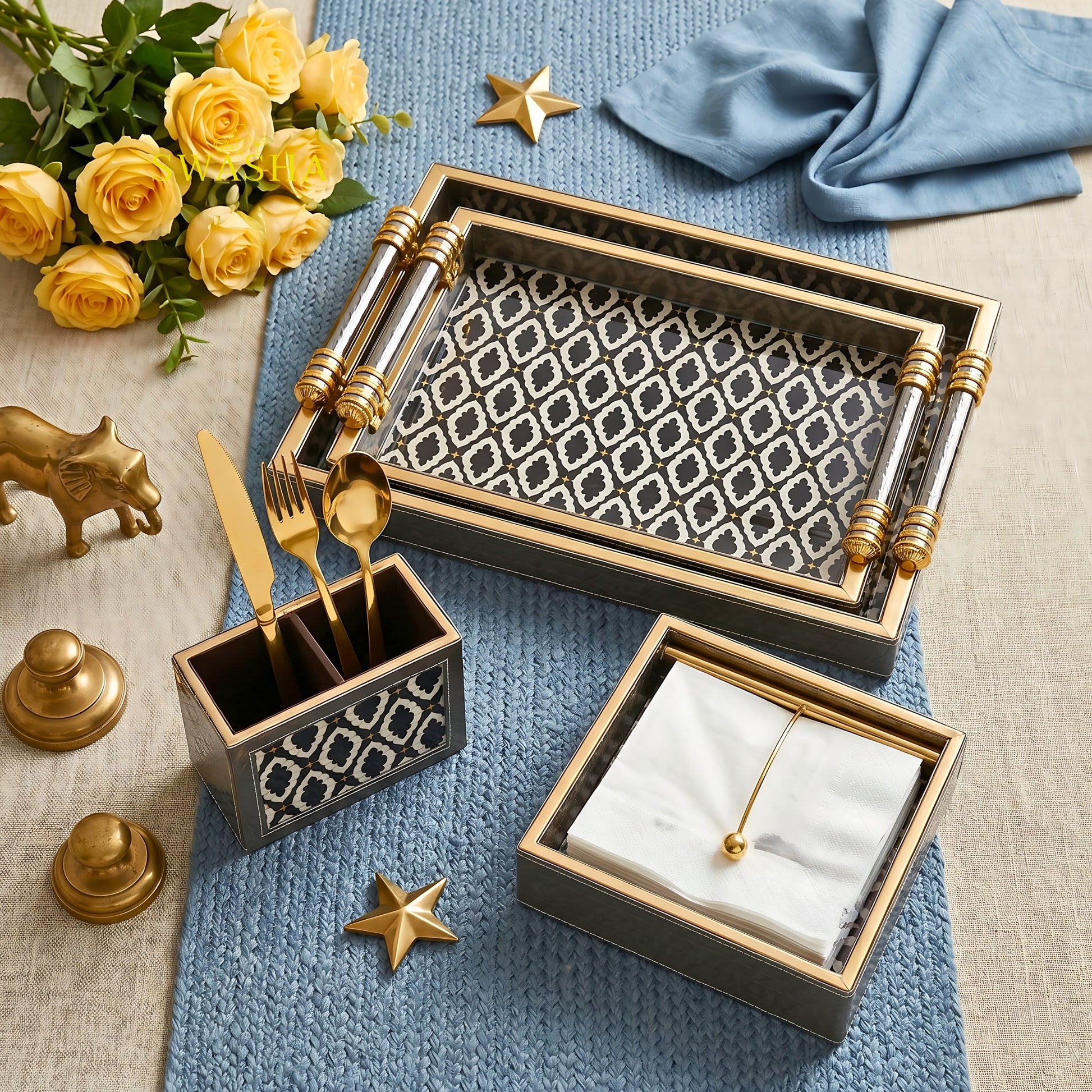 Swasha Glossy Leatherette Serving Tray Set of 4 with Cutlery Stand and Tissue Holder on Dining Table