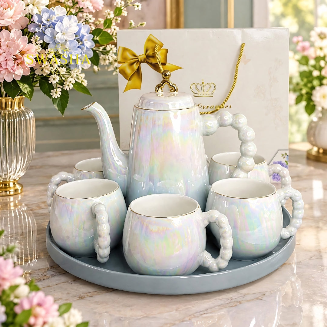 Swasha rainbow pearl iridescent 8 pcs revolving tea set premium porcelain holographic kettle 6 cups pearl handle revolving tray with gold bow gift box