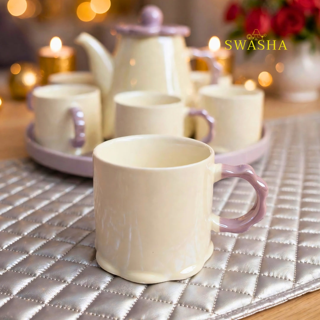 Swasha Lilac Lavender 8 Pcs Revolving Tea Set | Beige With Lilac Purple| Flower Scallop Lid