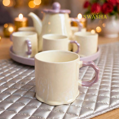 Swasha Lilac Lavender 8 Pcs Revolving Tea Set | Beige With Lilac Purple| Flower Scallop Lid