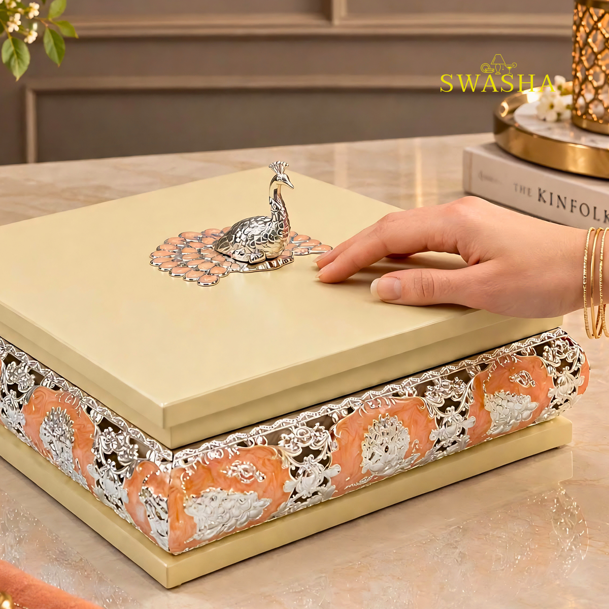 SWASHA Orange Peacock Dry Fruit Box - 4 Compartment | Multipurpose Box