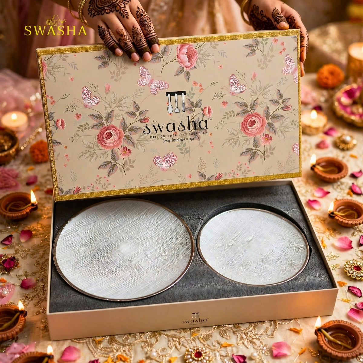 Swasha 7 pcs Turkish glass snack set with 1 full plate and 6 side plates in gift box silver rim