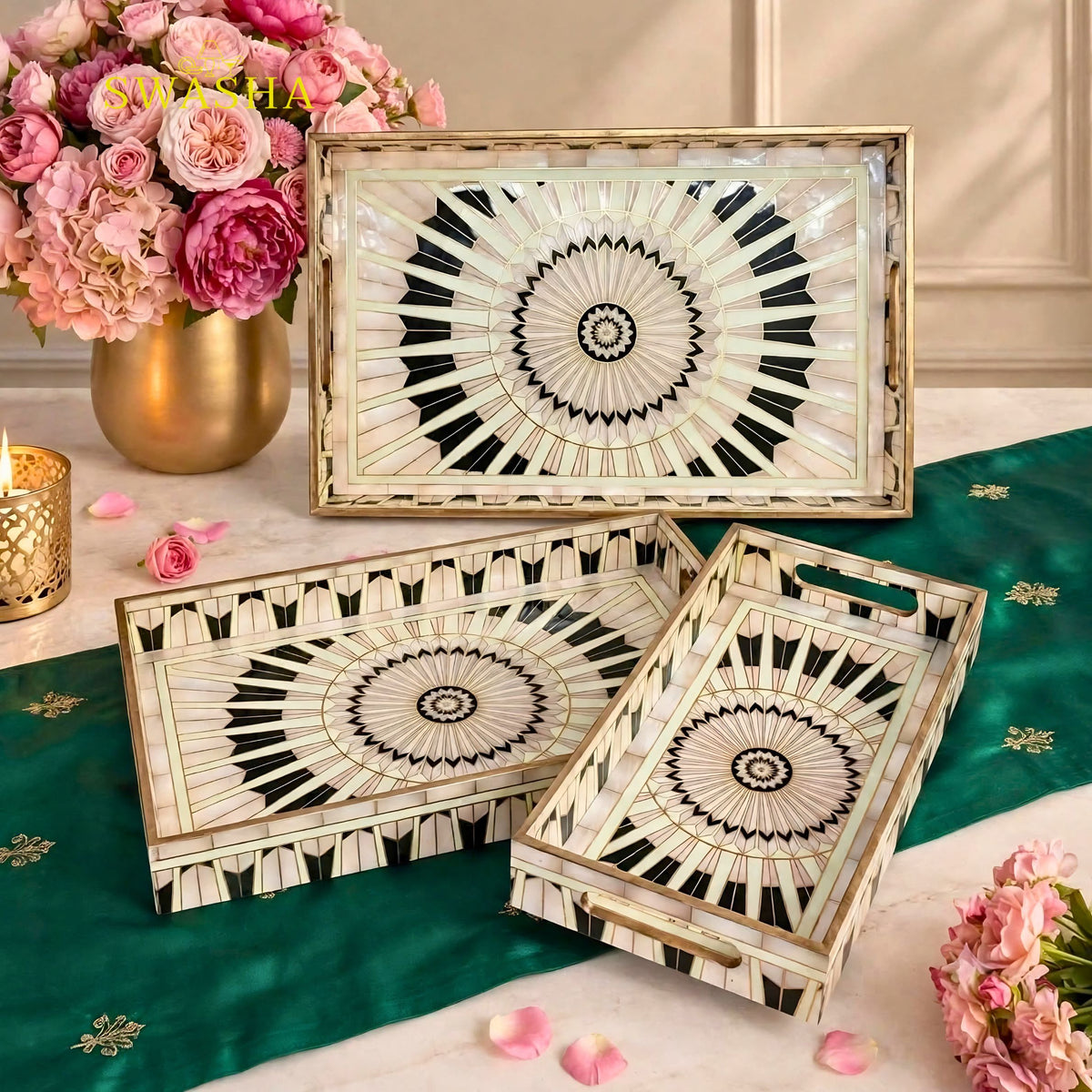 Swasha set of 3 sunburst mandala MDF serving trays black white gold art deco mother of pearl finish with gold handles