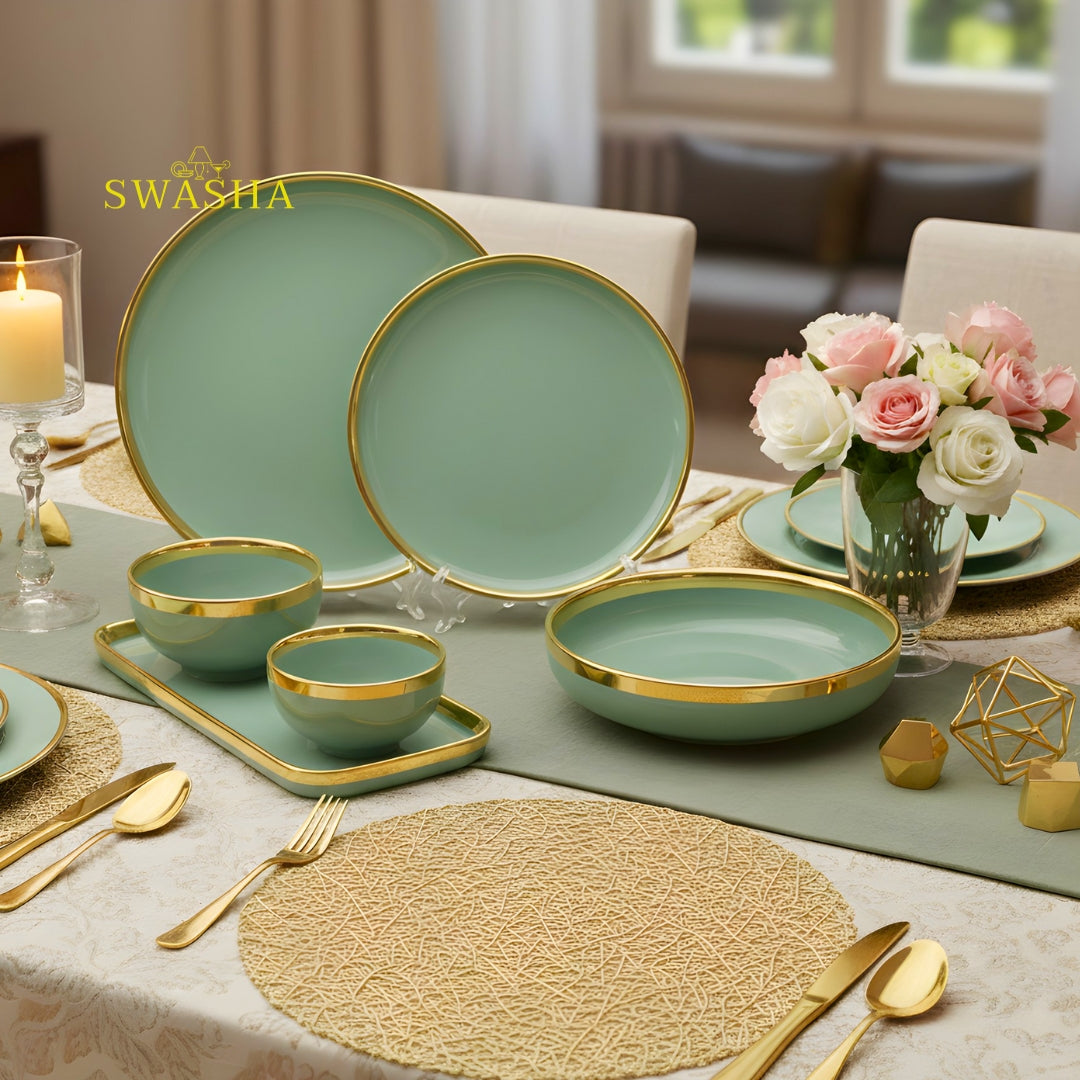 SWASHA Porcelain Dinner Set of 28 Pieces | Tableware | Dinnerware for Personal Use and Gifting (Pale Green)