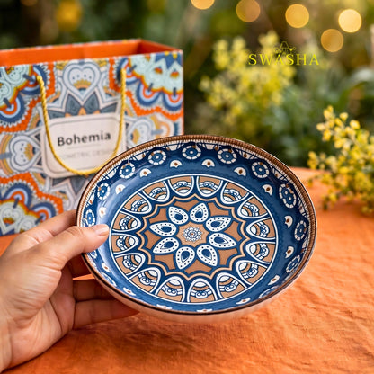 Swasha bohemia brown blue 12 pcs snack set 6 bowls 6 plates with gift bag mandala design