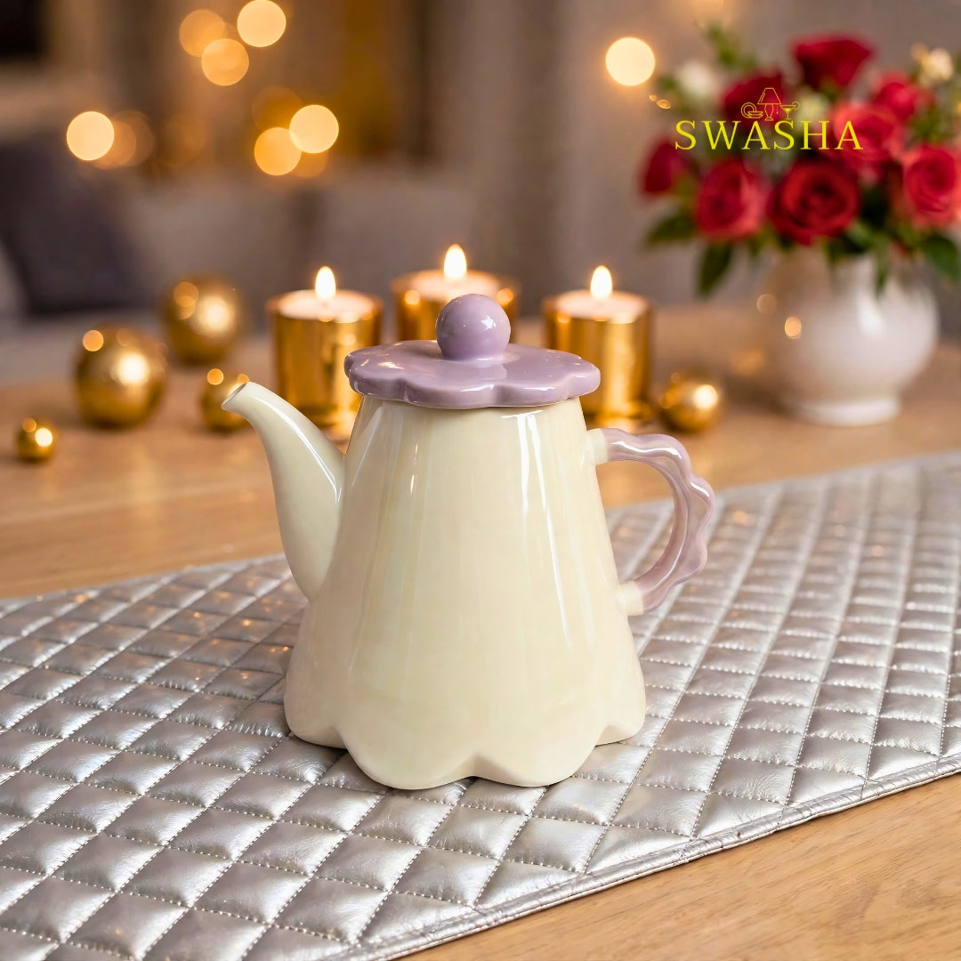 Swasha Lilac Lavender 8 Pcs Revolving Tea Set | Beige With Lilac Purple| Flower Scallop Lid